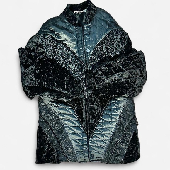 80s Vintage JA Resort Velvet Quilted Panel Patchwork Coat Black 1X - Picture 5 of 9